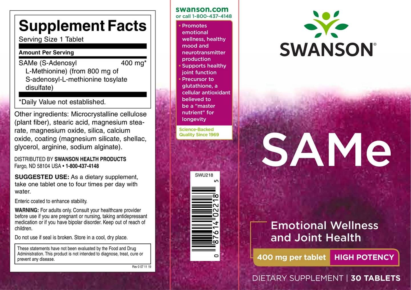 Swanson, SAMe, High Potency label