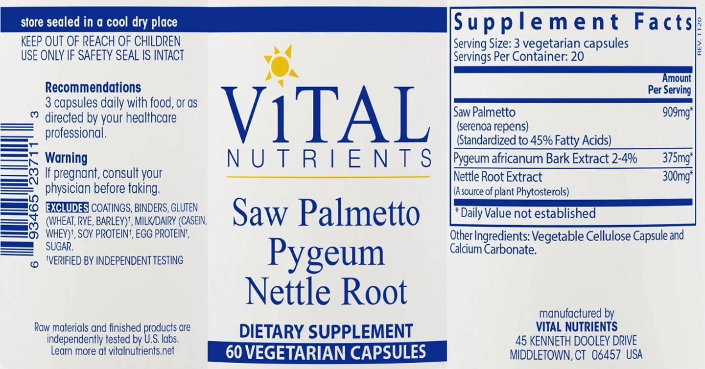 Vital Nutrients, Saw Palmetto Pygeum Nettle Root label