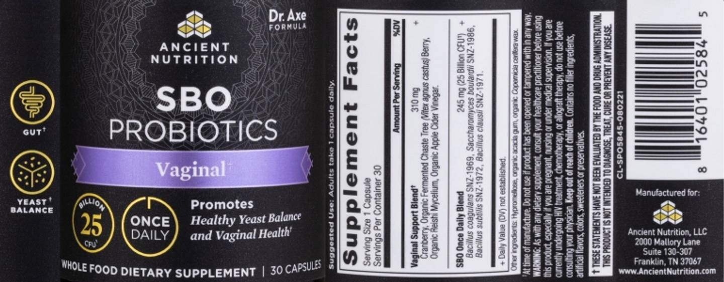 Ancient Nutrition, SBO Probiotics, Vaginal, 25 Billion CFU label