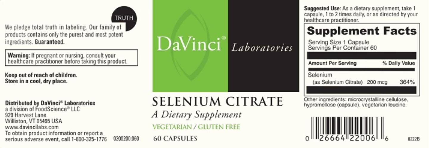 DaVinci Laboratories of Vermont, Selenium Citrate label