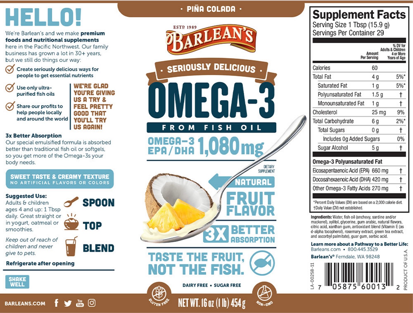 Barlean's, Seriously Delicious, Omega-3 From Fish Oil, Piña Colada label