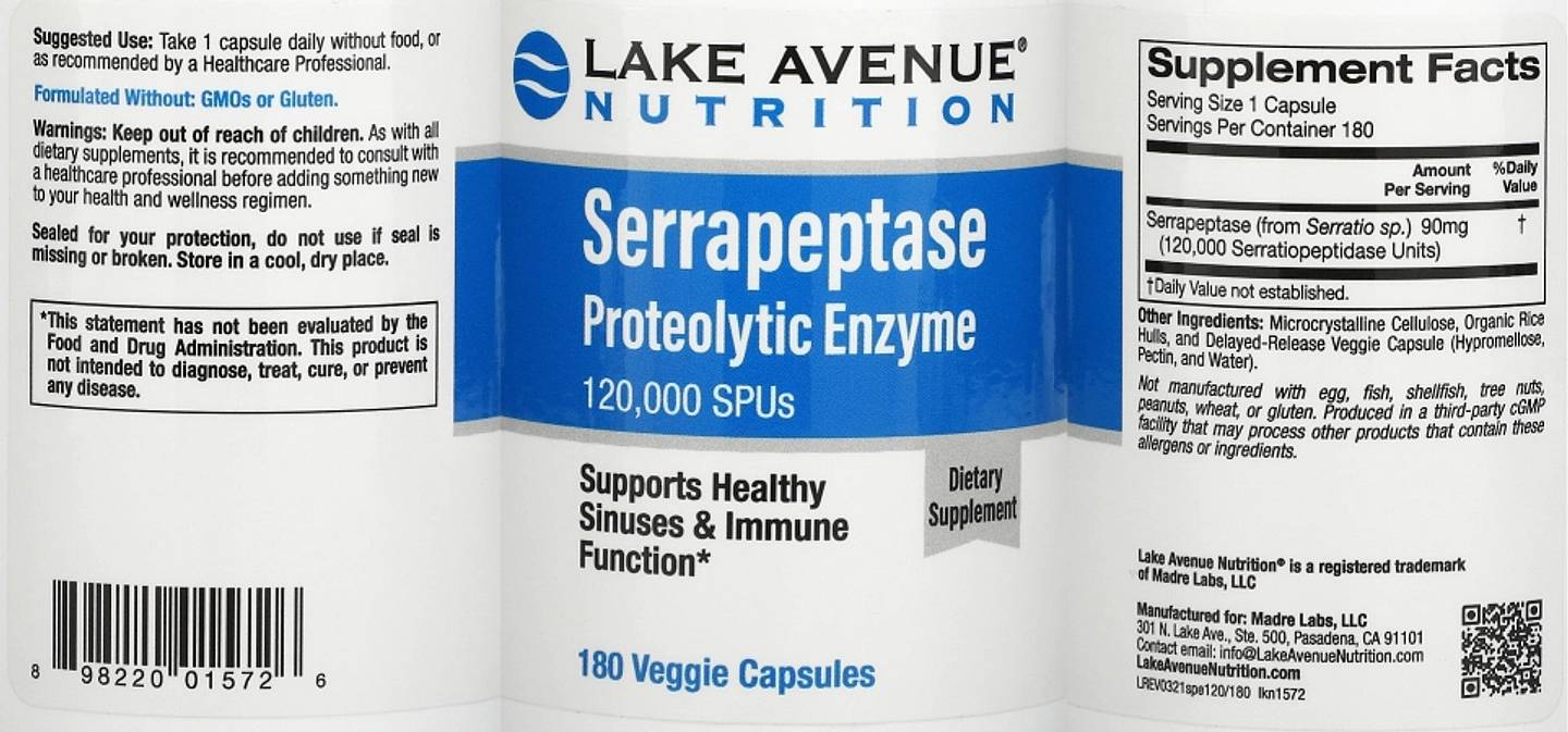 Lake Avenue Nutrition, Serrapeptase label