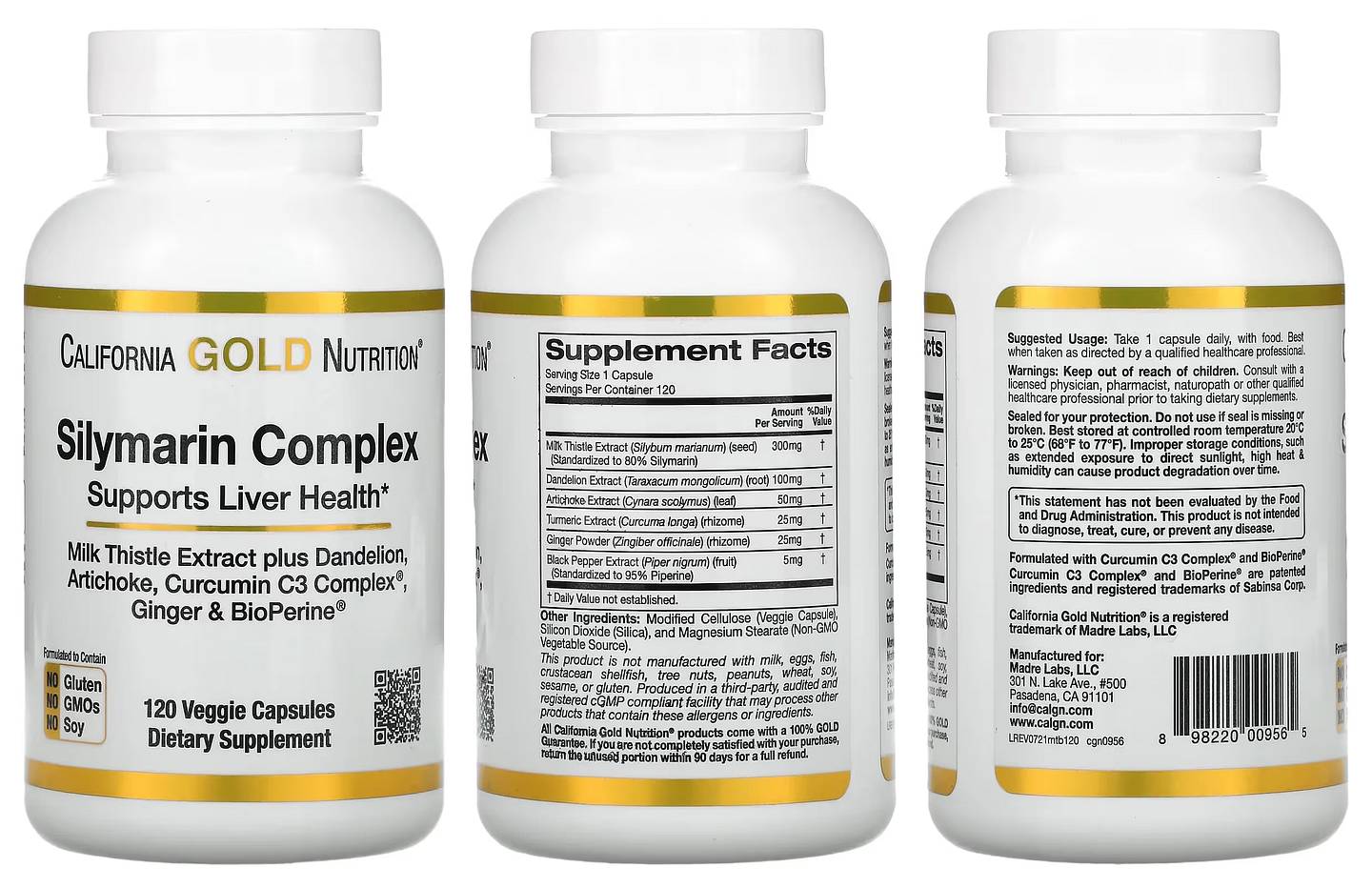 California Gold Nutrition, Silymarin Complex, Milk Thistle Extract Plus Dandelion, Artichoke, Curcumin C3 Complex, Ginger, and BioPerine packaging