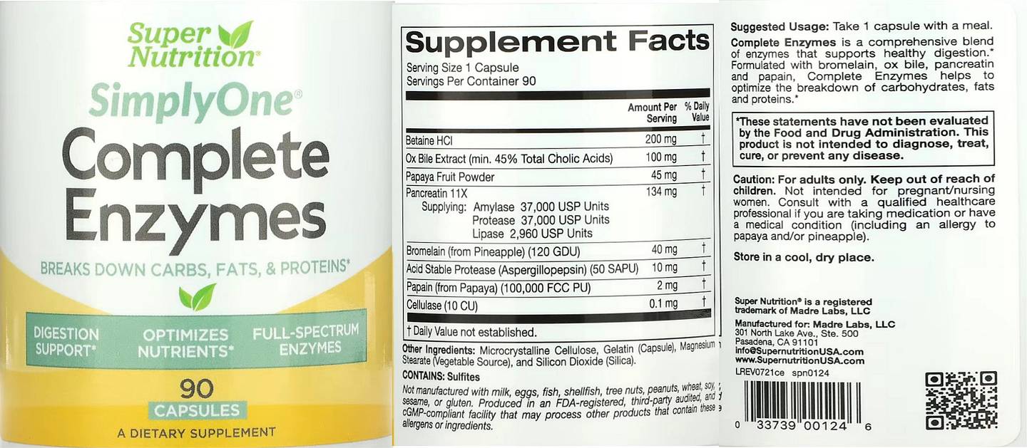 Super Nutrition, SimplyOne, Complete Enzymes label