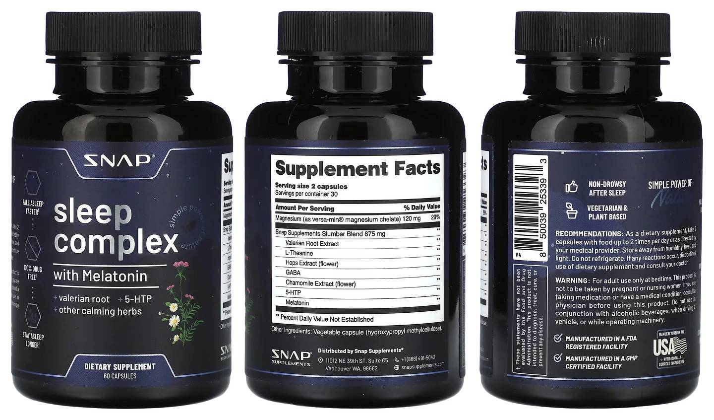 Snap Supplements, Sleep Complex with Melatonin packaging