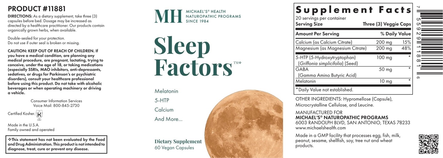Michael's Naturopathic, Sleep Factors label