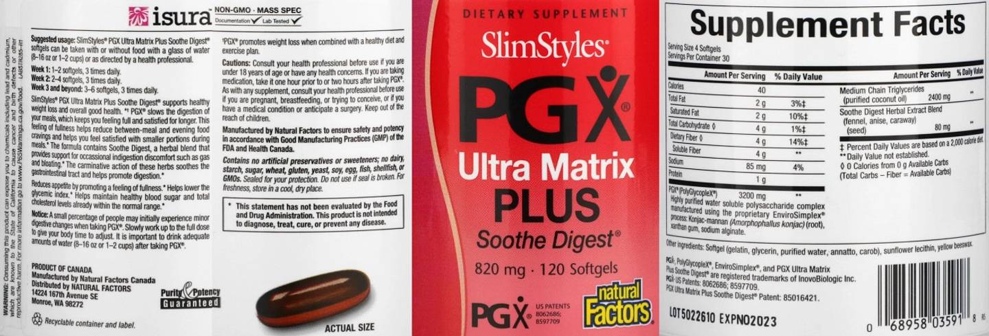 Natural Factors, SlimStyles, PG X Ultra Matrix Plus Soothe Digest label