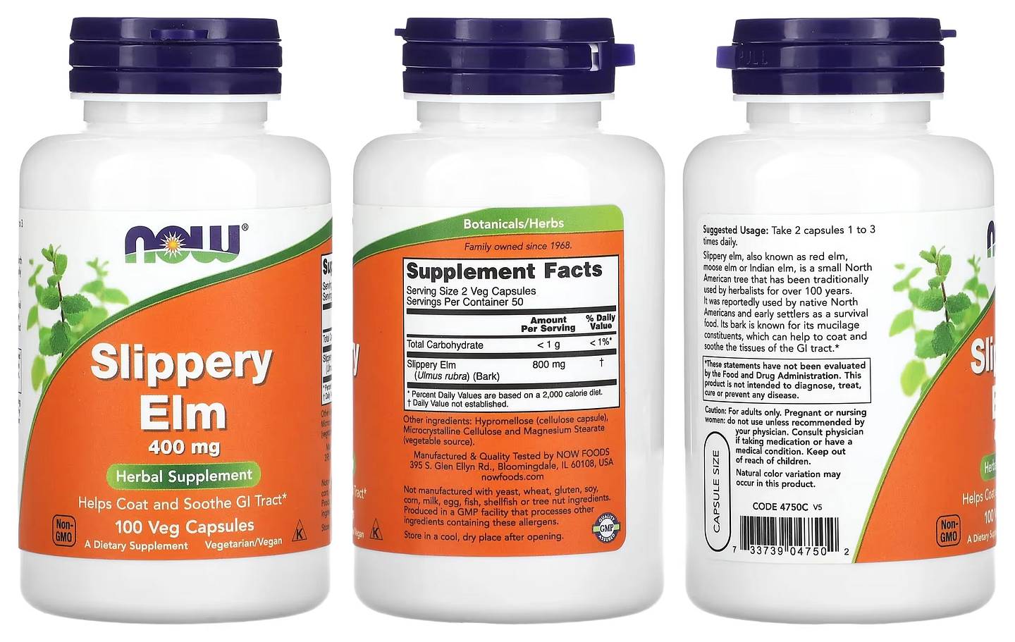 NOW Foods, Slippery Elm packaging