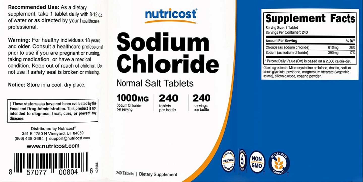 Nutricost, Sodium Chloride label