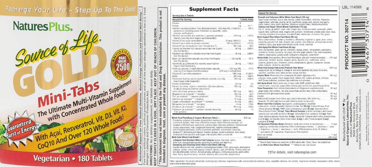 NaturesPlus, Source of Life, Gold, Mini-Tabs, The Ultimate Multi-Vitamin Supplement with Concentrated Whole Foods label