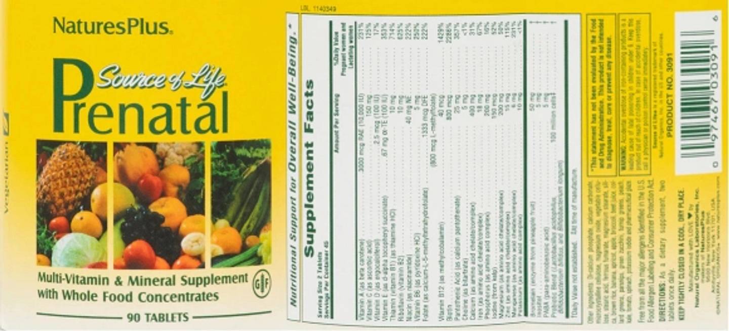 NaturesPlus, Source of Life Prenatal label