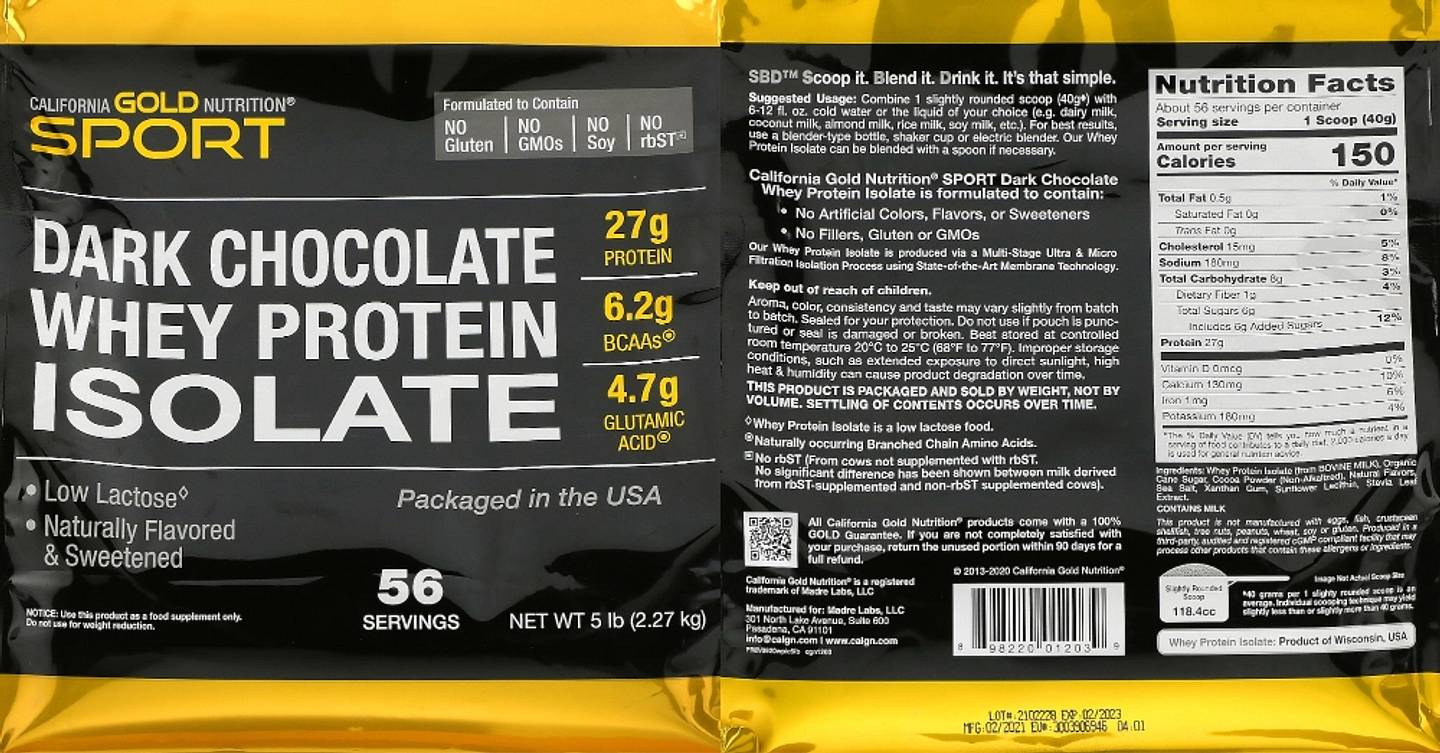 California Gold Nutrition, Sport, Dark Chocolate Whey Protein Isolate label