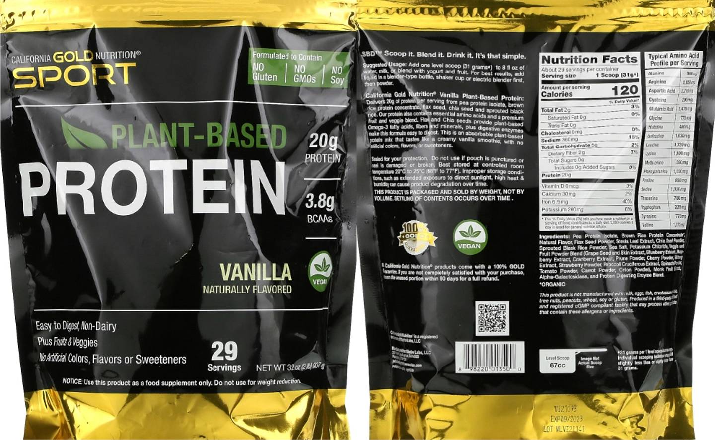 California Gold Nutrition, Sport, Vegan Protein Vanilla label