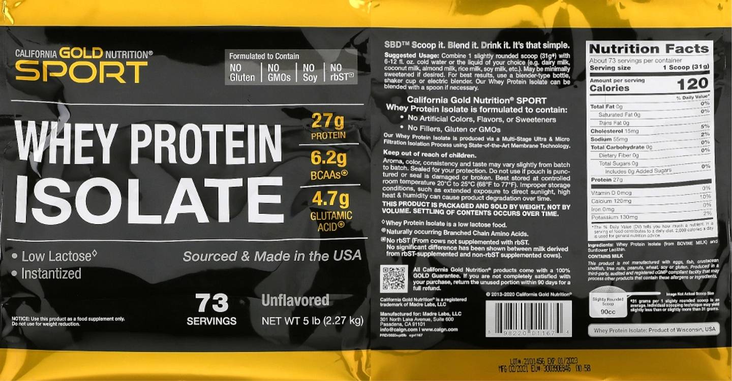 California Gold Nutrition, Sport, Whey Protein Isolate, Unflavored label