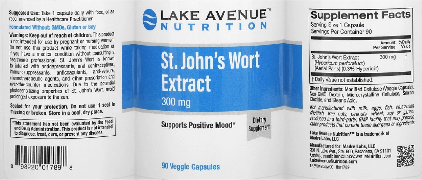 Lake Avenue Nutrition, St. John's Wort Extract label