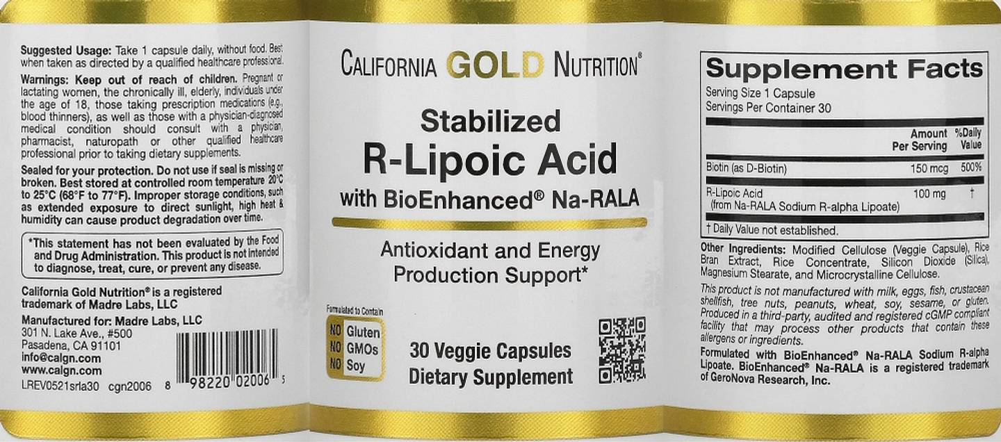 California Gold Nutrition, Stabilized R-Lipoic Acid label