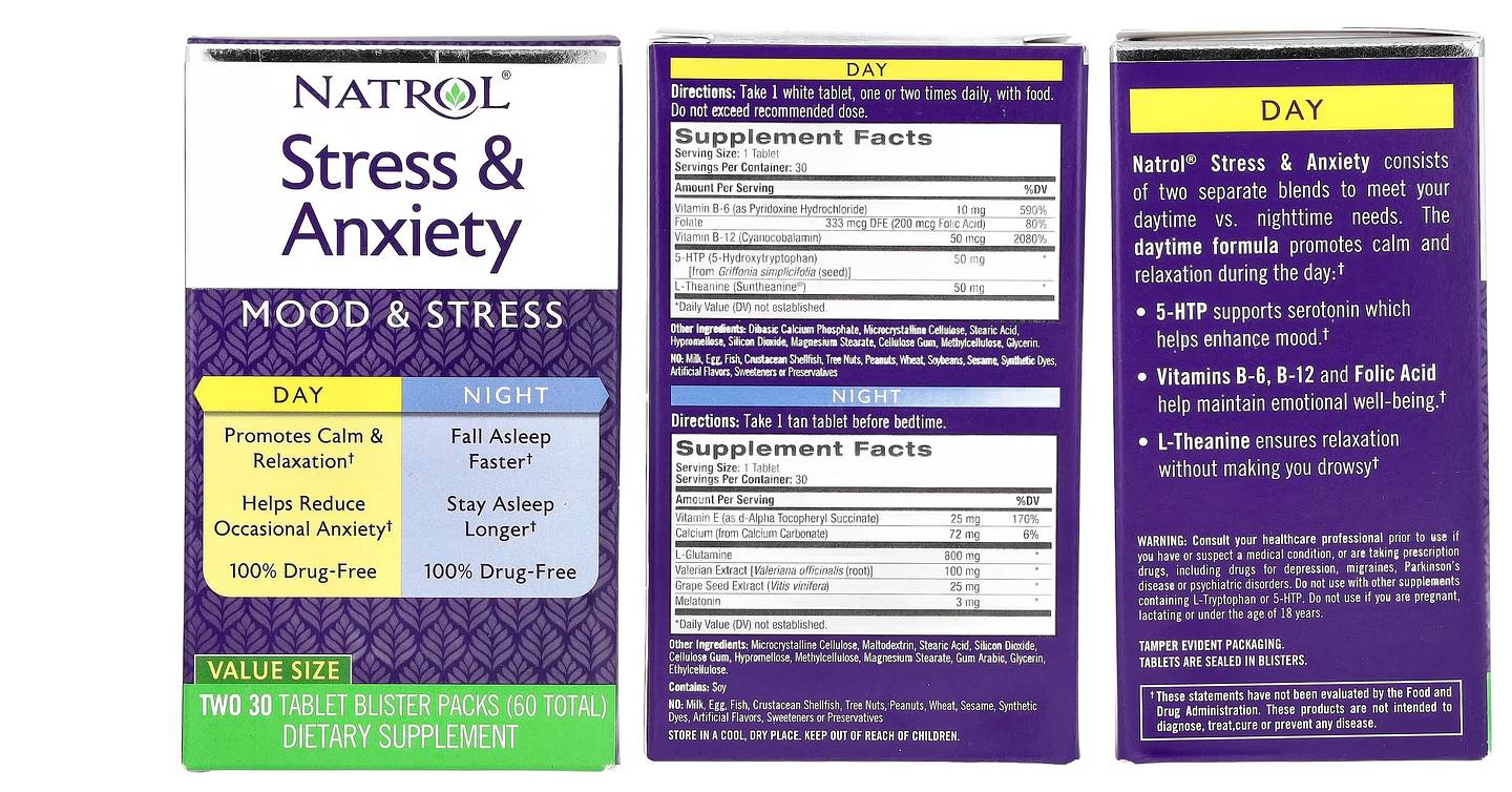 Natrol, Stress & Anxiety, Day & Night packaging