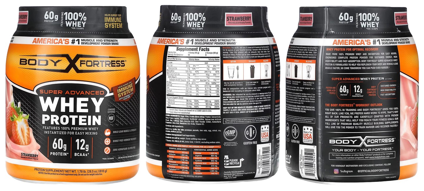 Body Fortress, Super Advanced Whey Protein, Strawberry packaging