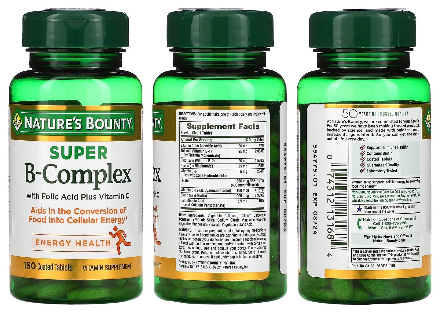 Nature's Bounty, Super B-Complex with Folic Acid Plus Vitamin C packaging
