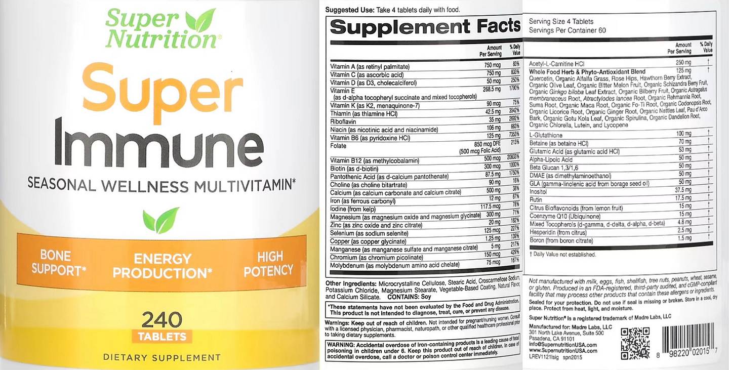 Super Nutrition, Super Immune, Immune-Strengthening Multivitamin with Glutathione label