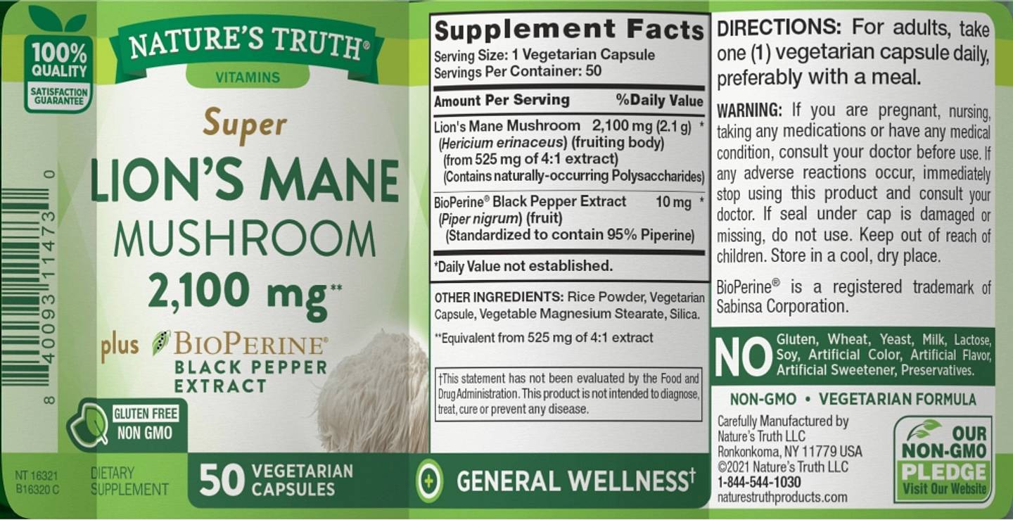 Nature's Truth, Super Lion's Mane Mushroom plus Bioperine label