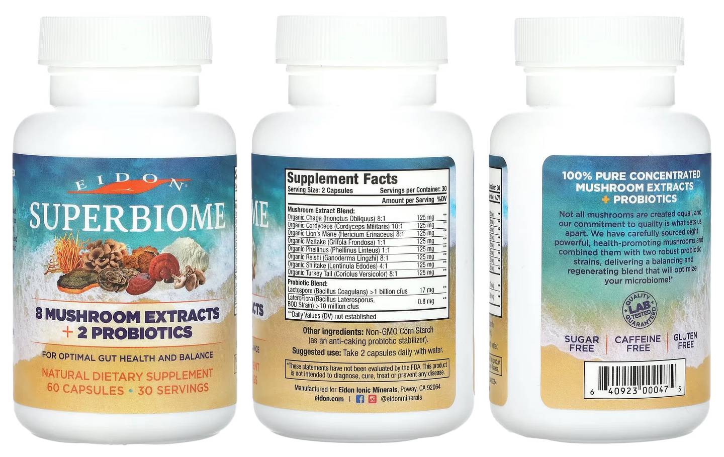 Eidon Ionic Minerals, Superbiome, 8 Mushroom Extracts + 2 Probiotics packaging