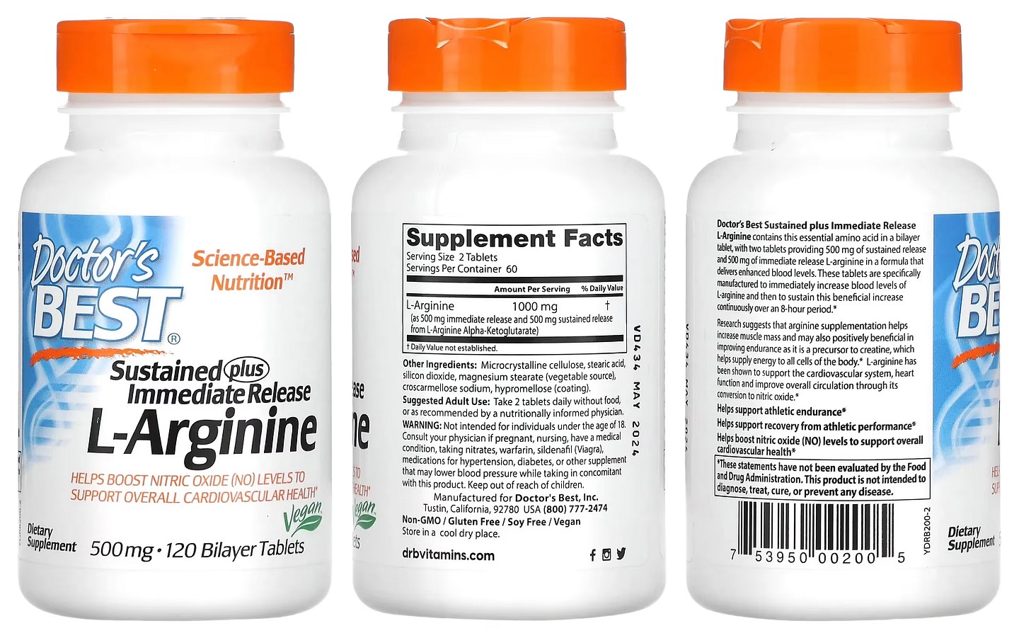 Doctor's Best, Sustained Plus Immediate Release L-Arginine packaging