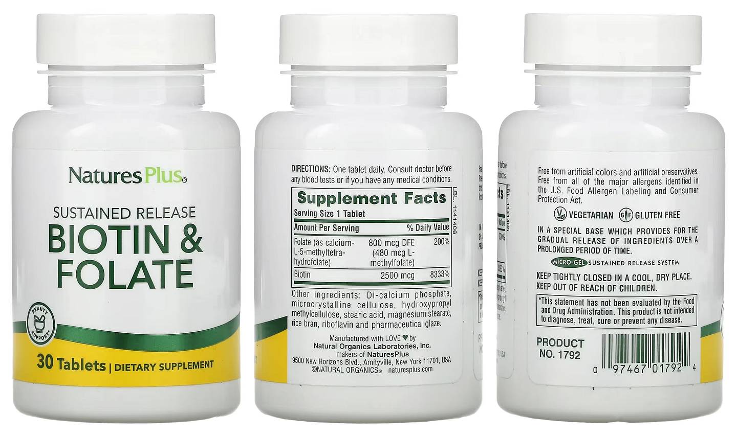 NaturesPlus, Sustained Release Biotin & Folate packaging