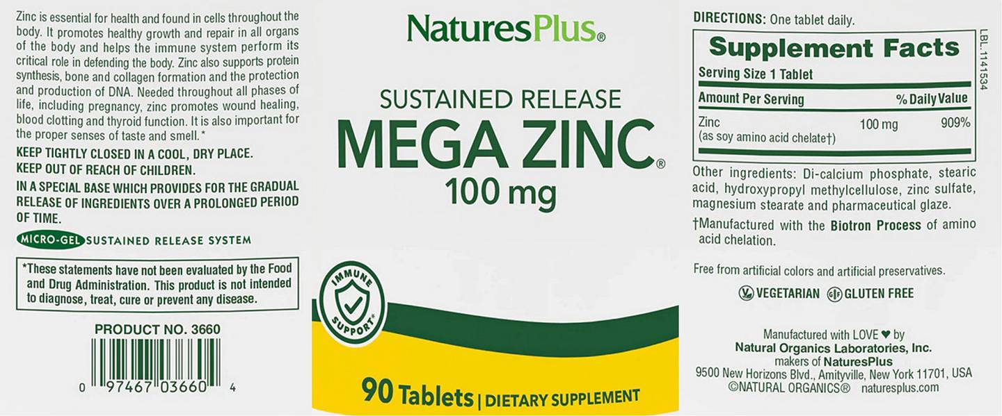 NaturesPlus, Sustained Release Mega Zinc label