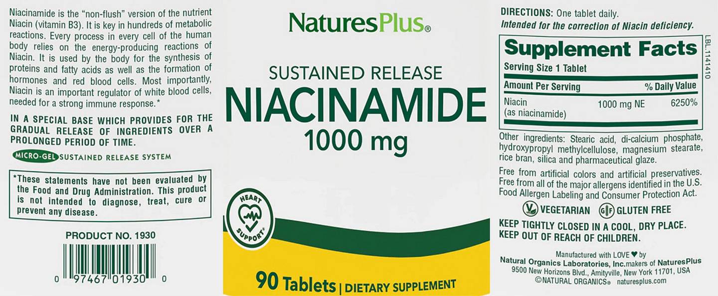 NaturesPlus, Sustained Release Niacinamide label