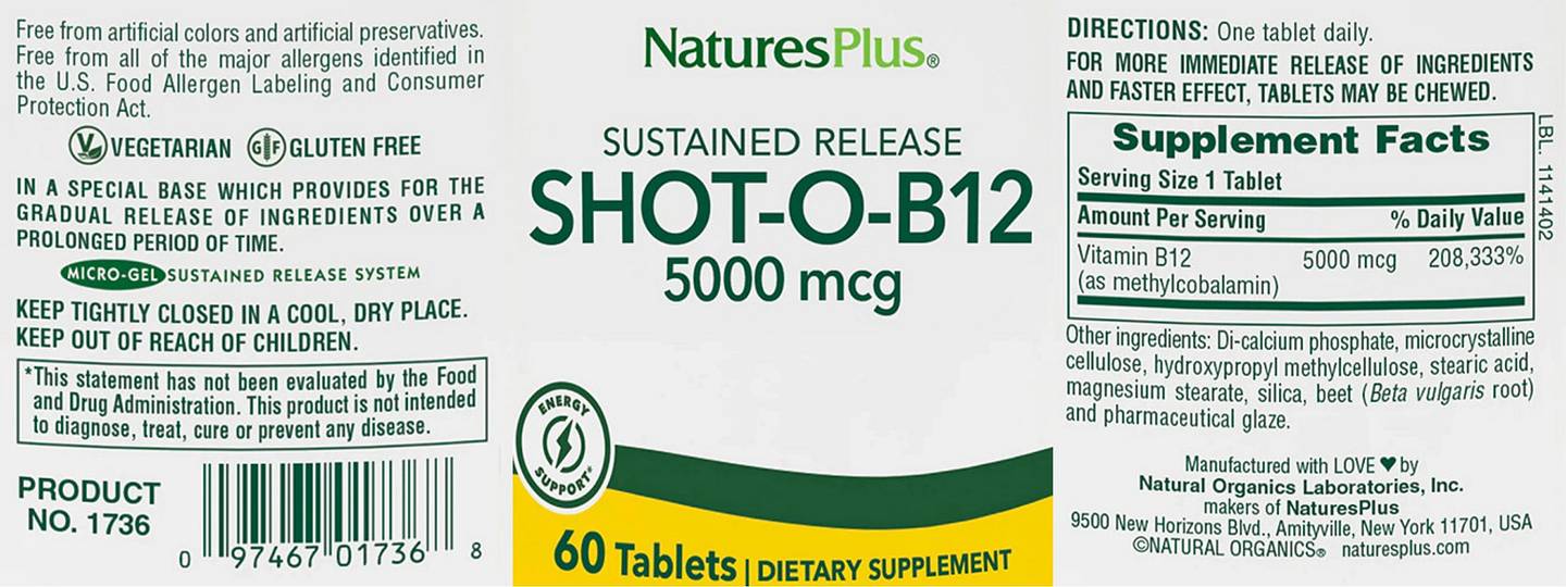 NaturesPlus, Sustained Release Shot-O-B12, 5,000 mcg label