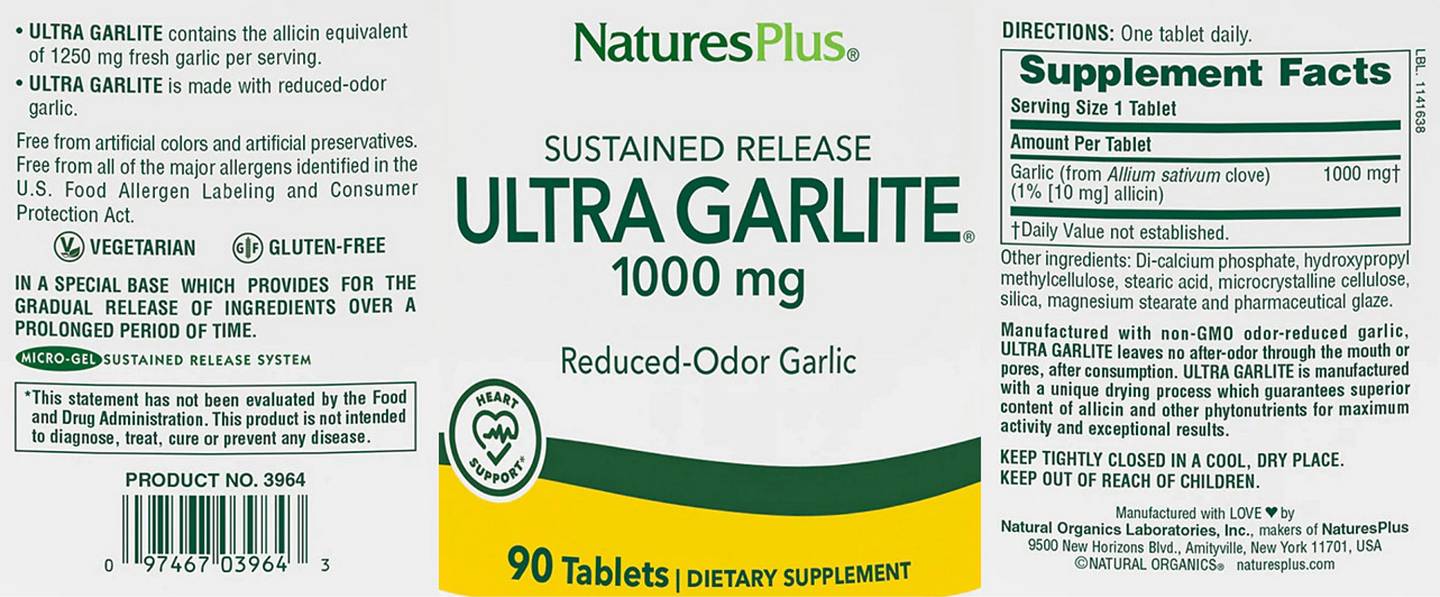 NaturesPlus, Sustained Release Ultra Garlite label