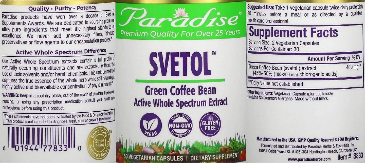 Paradise Herbs, Svetol, Green Coffee Bean label