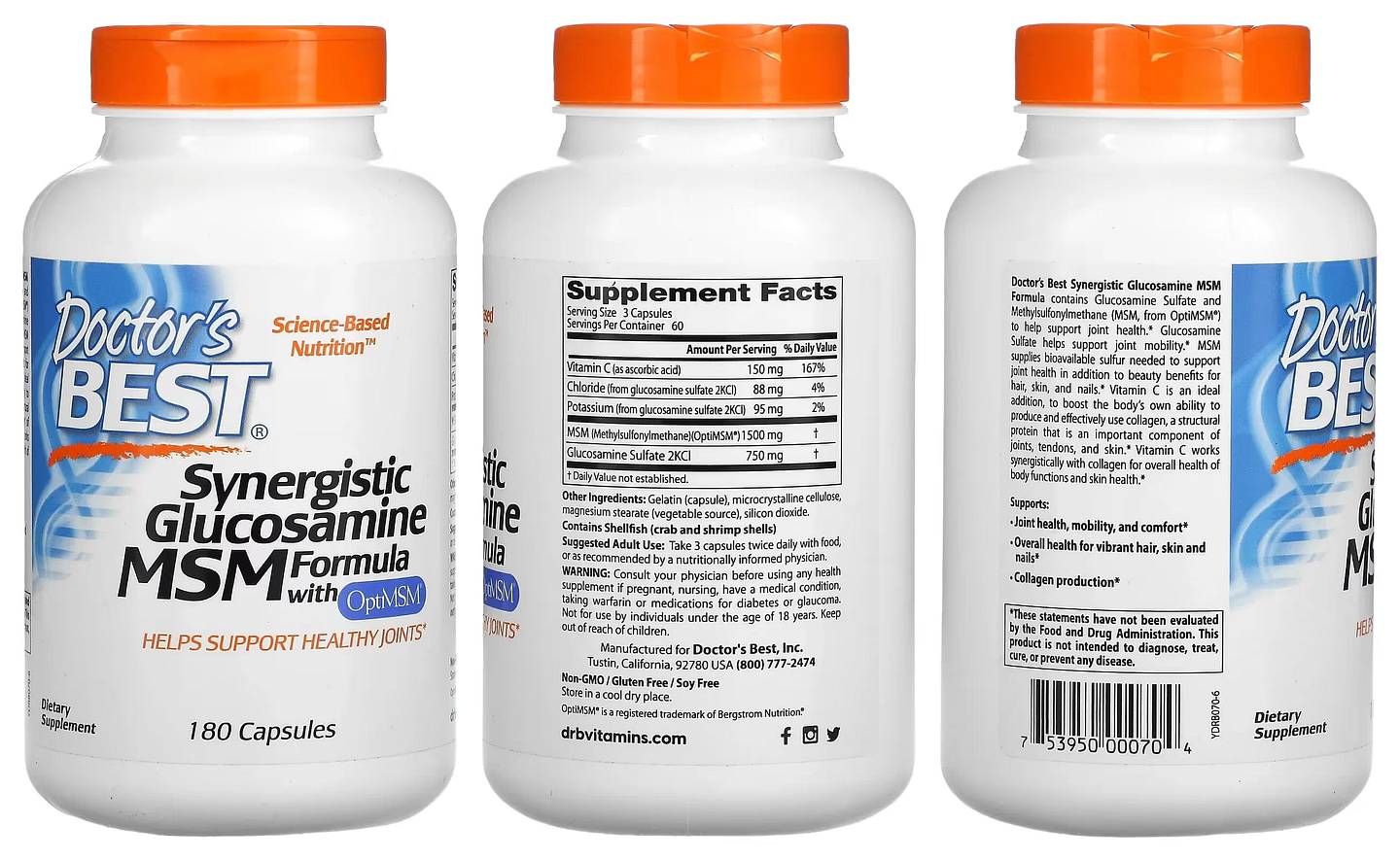 Doctor's Best, Synergistic Glucosamine MSM Formula with OptiMSM packaging