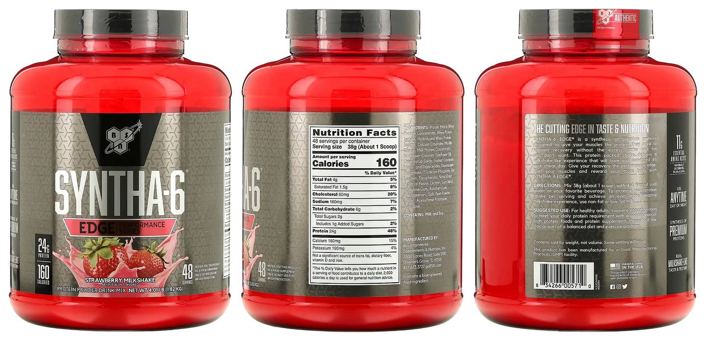 BSN, Syntha-6 Edge, Protein Powder Mix, Strawberry Milkshake packaging