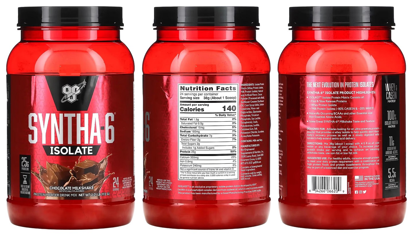 BSN, Syntha-6 Isolate, Protein Powder Drink Mix, Chocolate Milkshake packaging