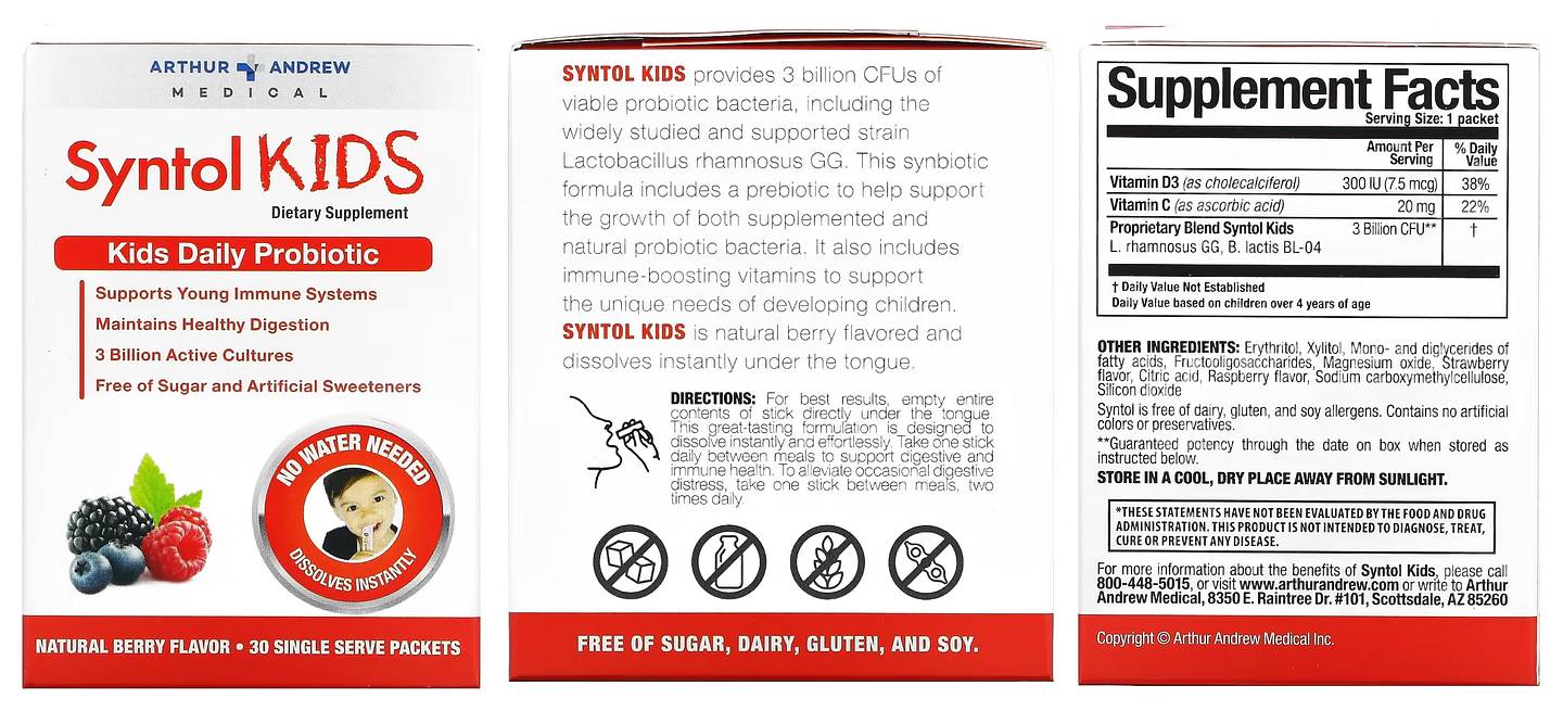 Arthur Andrew Medical, Syntol Kids, Kids Daily Probiotic, Natural Berry packaging