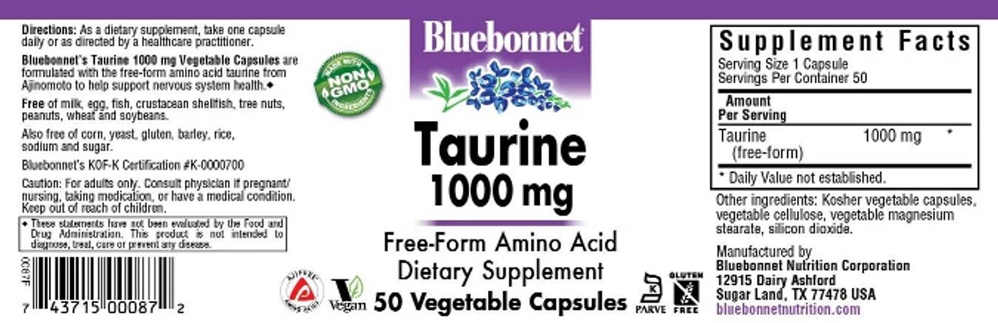 Bluebonnet Nutrition, Taurine label