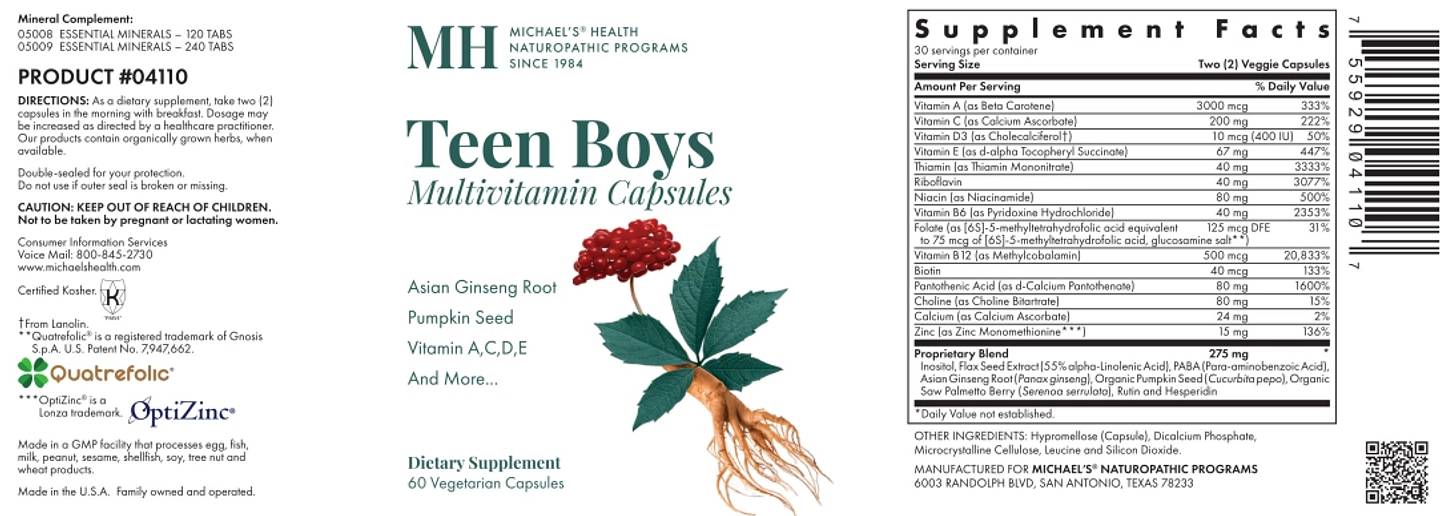 Michael's Naturopathic, Teen Boys Multivitamin label