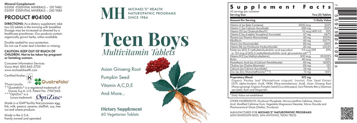 Michael's Naturopathic, Teen Boys Multivitamin label