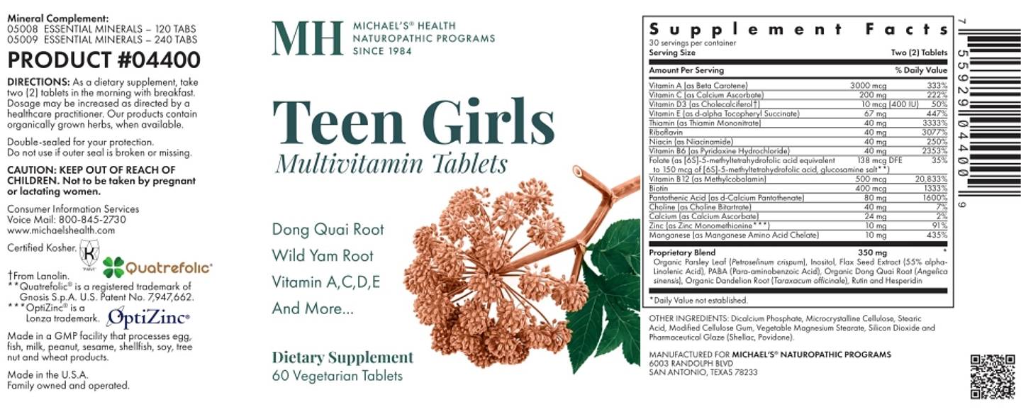 Michael's Naturopathic, Teen Girls Multivitamin label