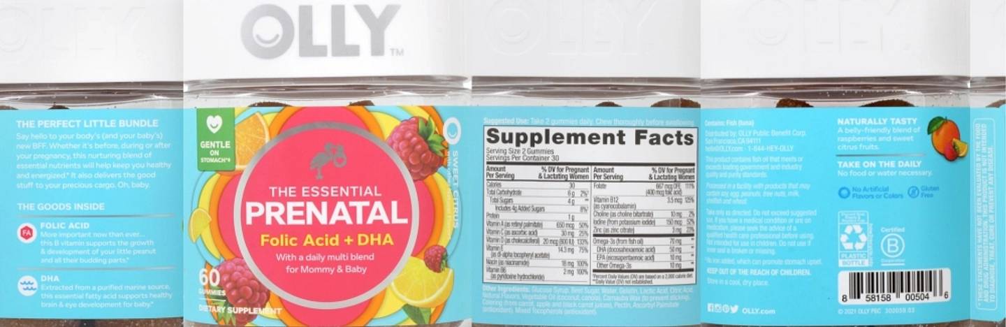 OLLY, The Essential, Prenatal, Folic Acid + DHA, Sweet Citrus label