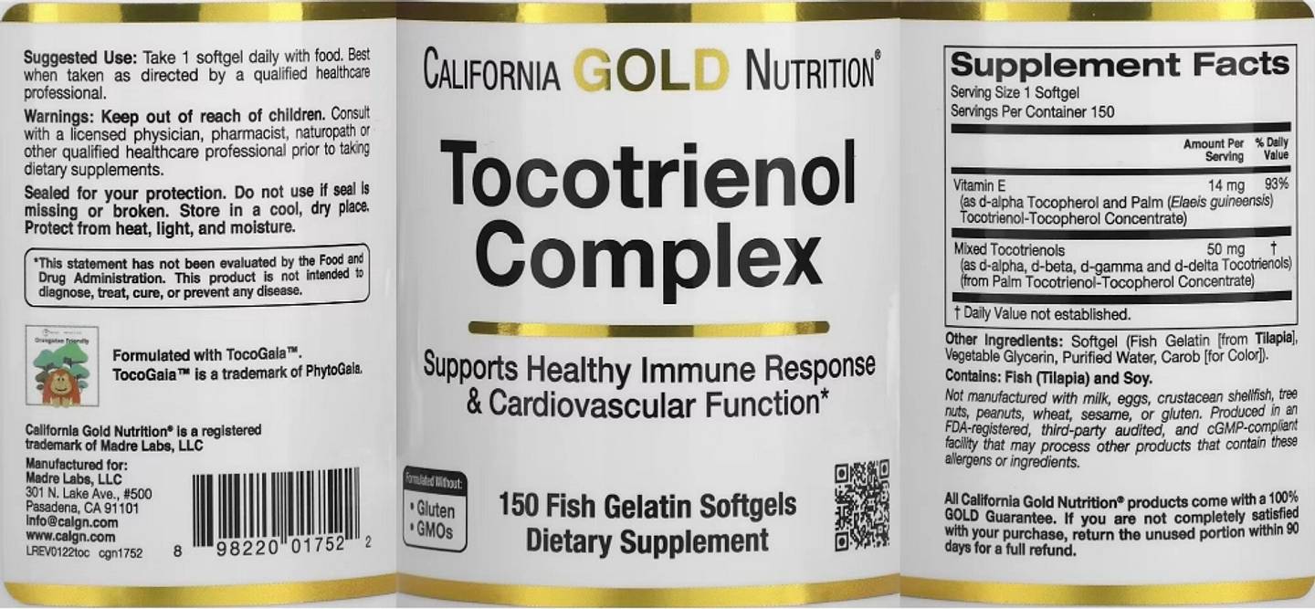 California Gold Nutrition, Tocotrienol Complex label