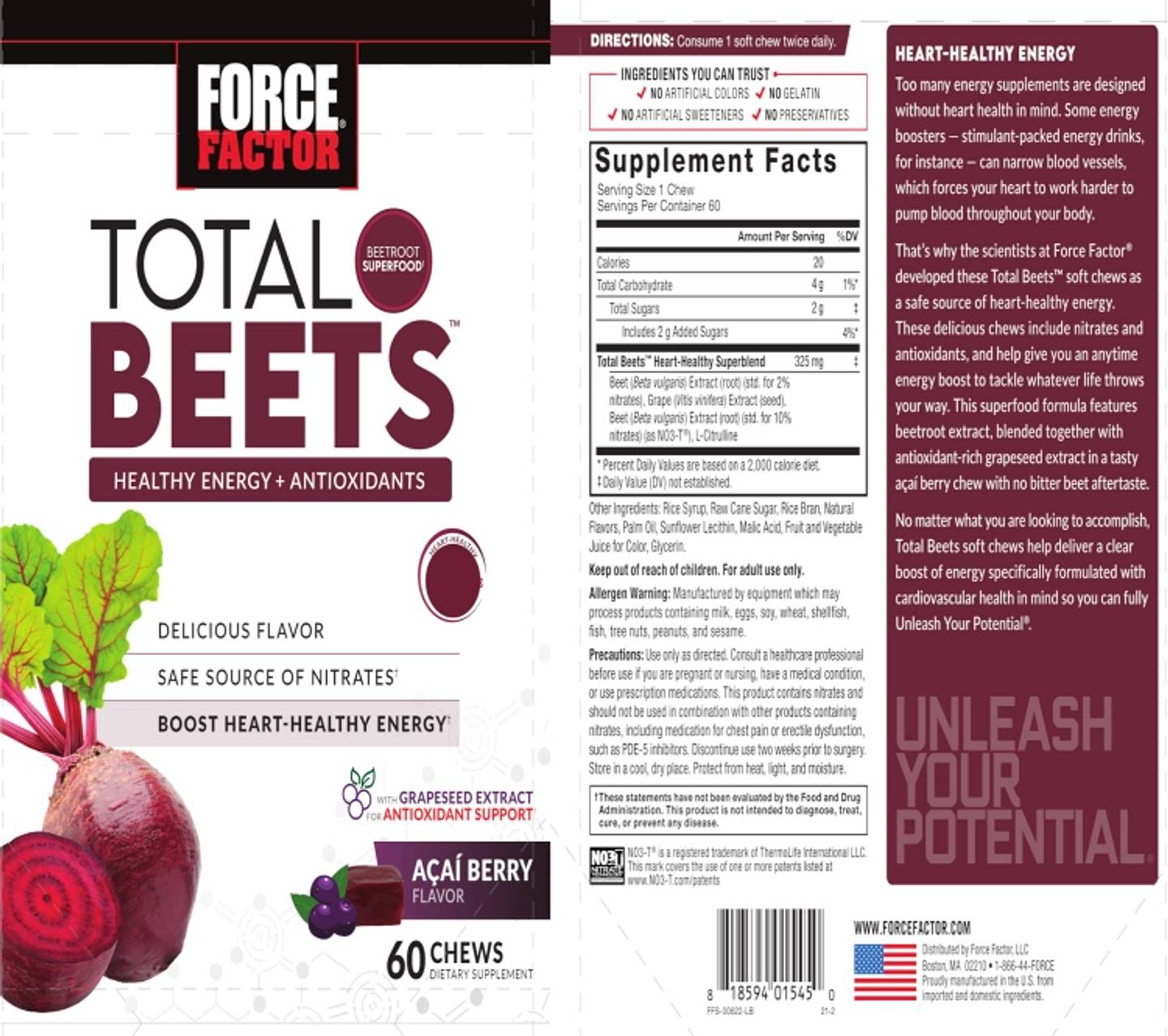 Force Factor, Total Beets, Healthy Energy + Antioxidants, Acai Berry label