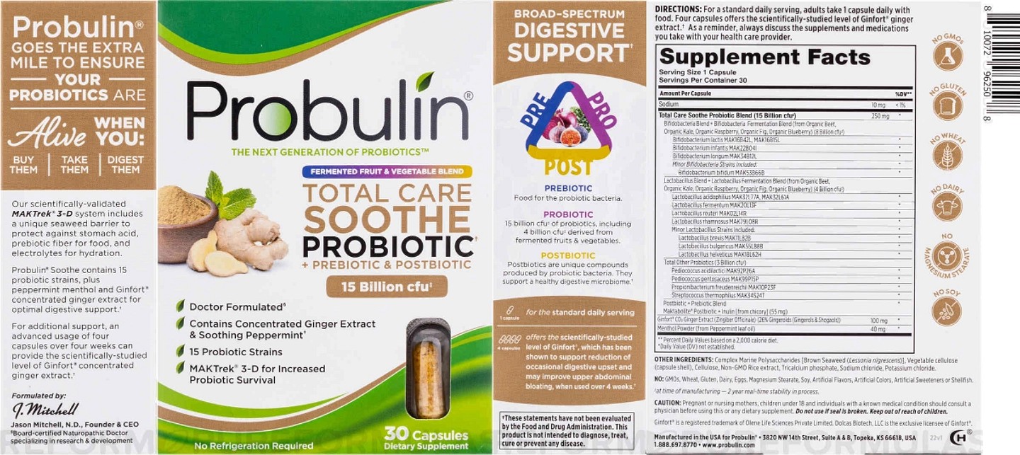 Probulin, Total Care Soothe Probiotic + Prebiotic & Postbiotic label
