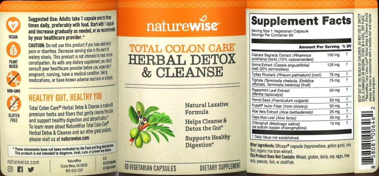 NatureWise, Total Colon Care, Herbal Detox & Cleanse label