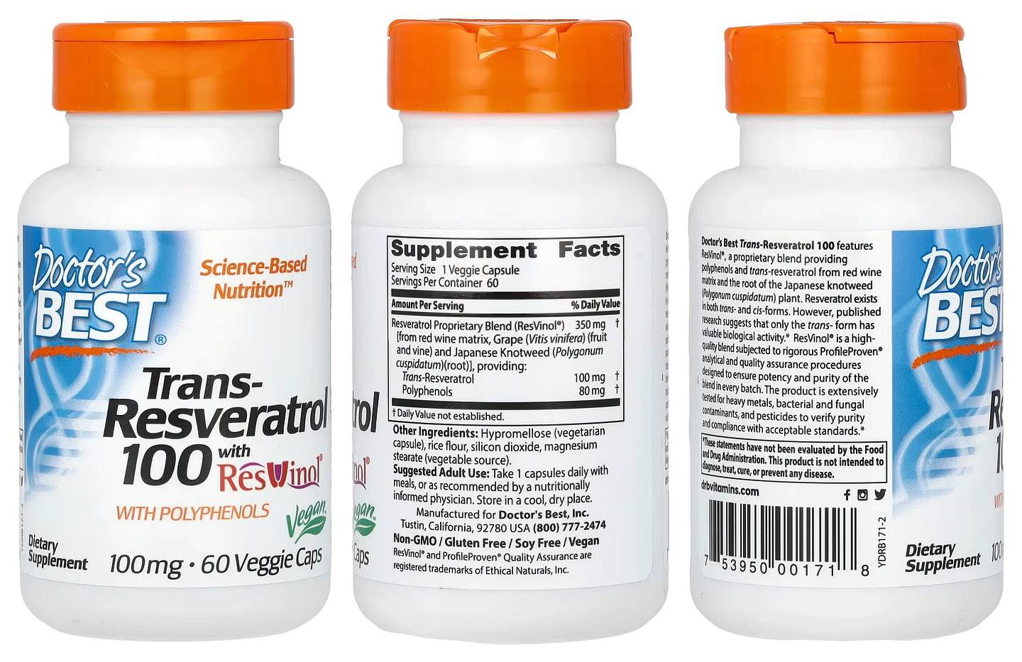 Doctor's Best, Trans-Resveratrol 100 with ResVinol packaging