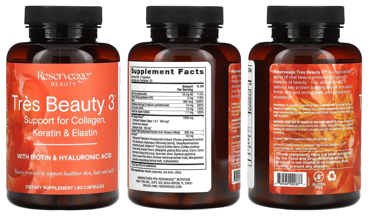 Reserveage Nutrition, Tres Beauty 3 with Biotin & Hyaluronic Acid packaging