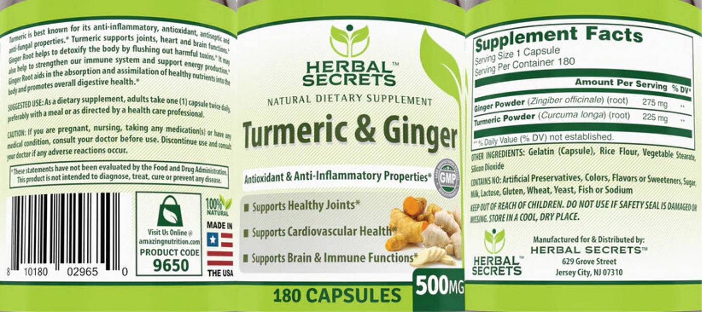 Herbal Secrets, Turmeric & Ginger label