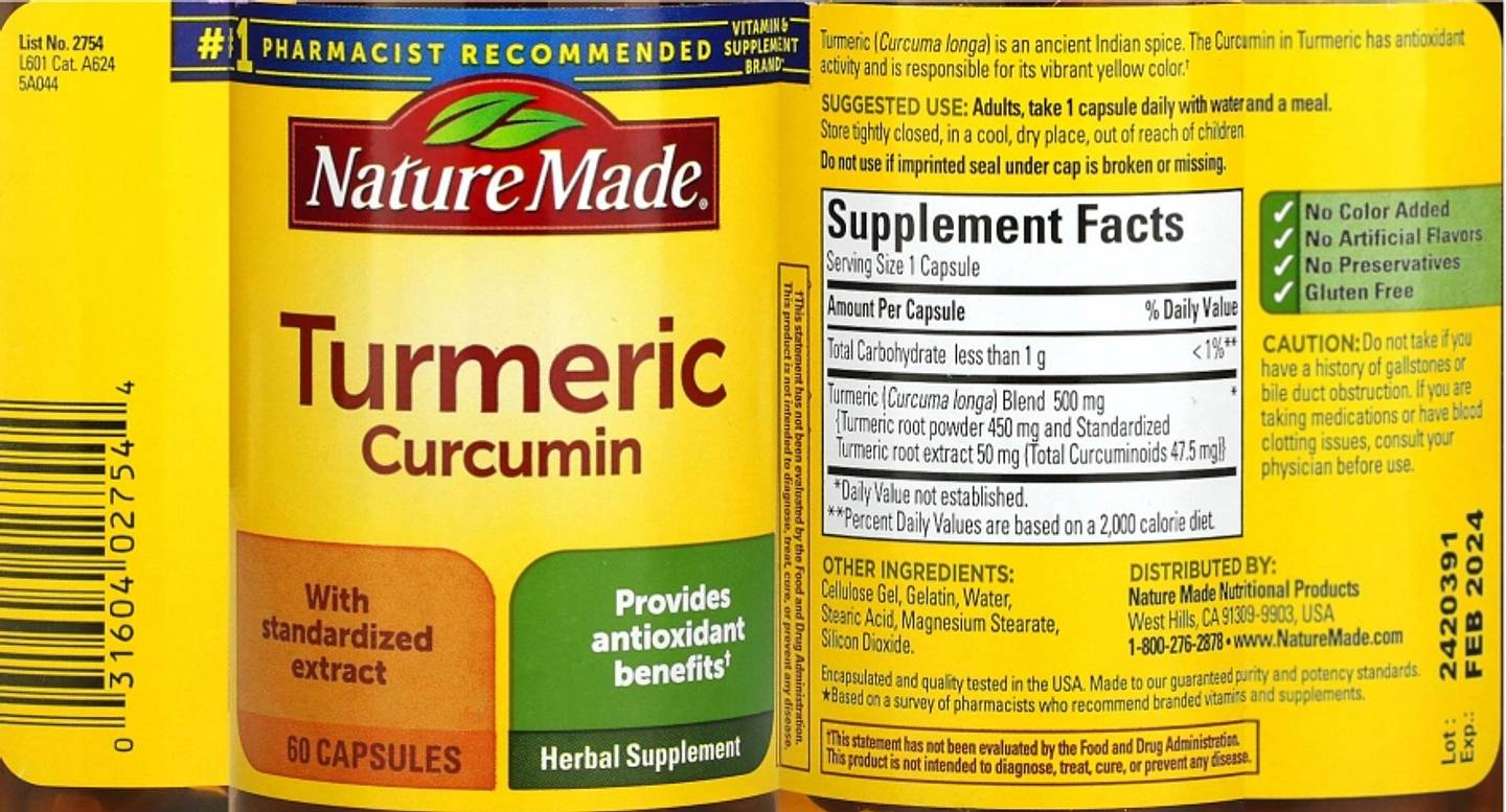 Nature Made, Turmeric Curcumin label